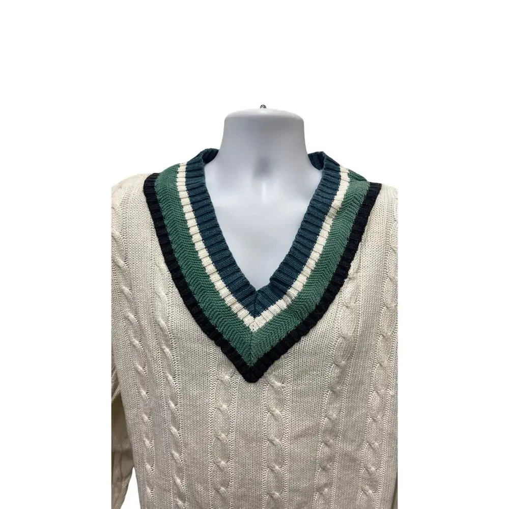 🧵 JED Wear V-Neck Cable Knit Sweater L – Vintage Tennis Ivy Preppy Style Tennis - Picture 2 of 5